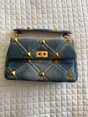 Quilted Denim Shoulder Bag with Gold Studs